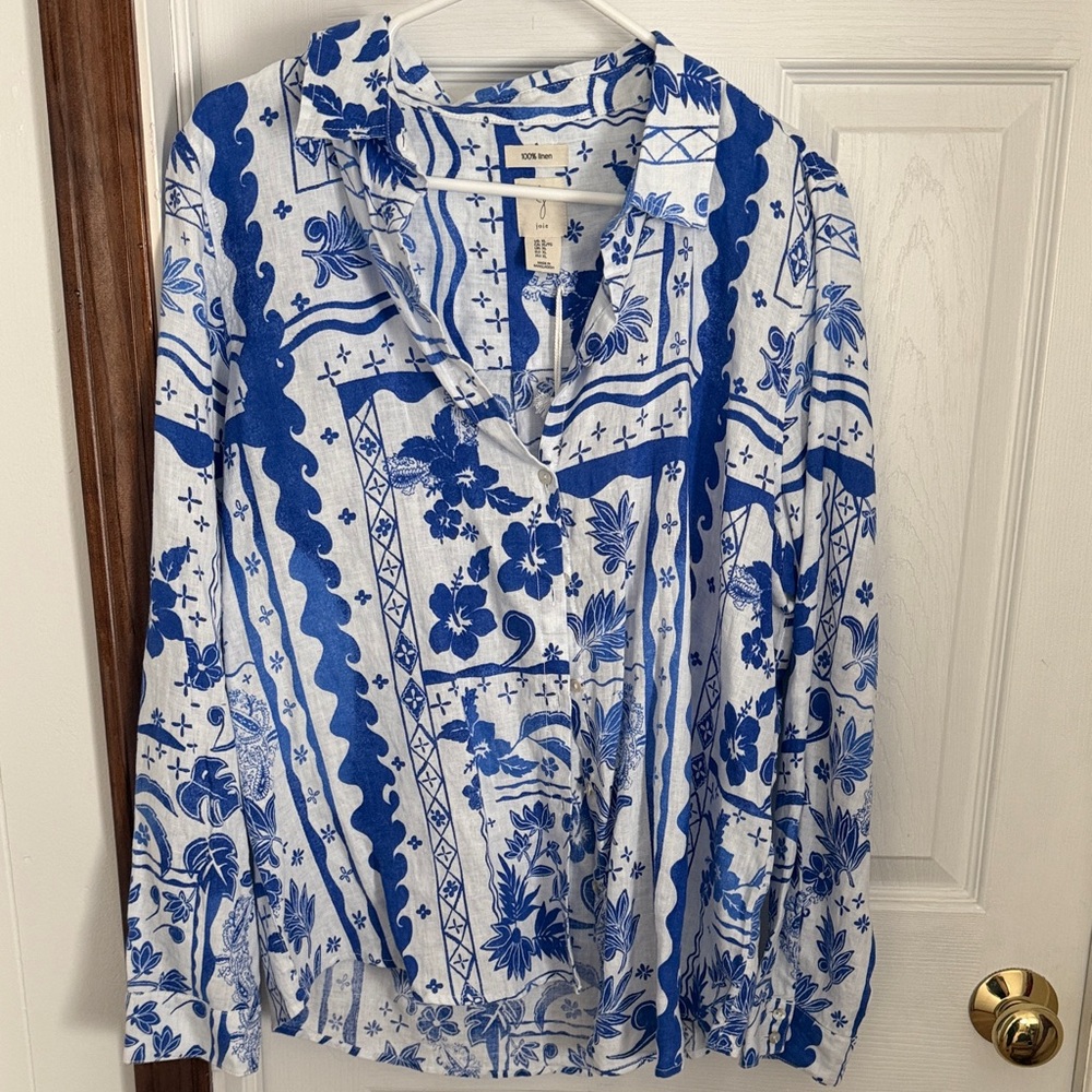 Joie Blue and White Linen Floral Button-Up Shirt